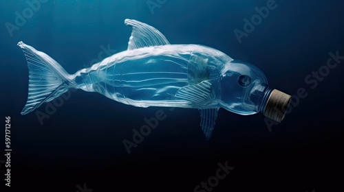 Fish plastic bottle shape floating underwater, marine plastic pollution concept, fish plastic pollution in ocean, environmental pollution by human, microplastics in marine ecosystem, generative AI photo