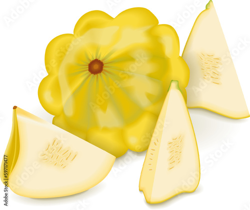 Whole, quarter, wedges of Yellow Patty Pan squash or Scallop or Scallopini squash. Summer squash. Cucurbita pepo. Fruits and vegetables. Vector illustration isolated on white background.