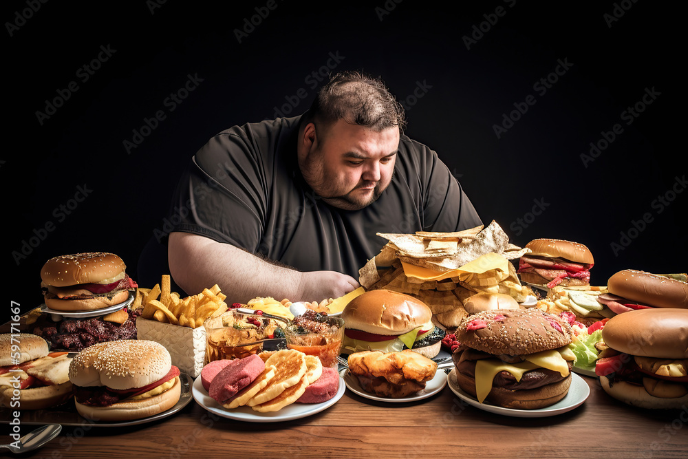 Fat man eating unhealthy food, generative ai. Fat man eating unhealthy food, generative ai.