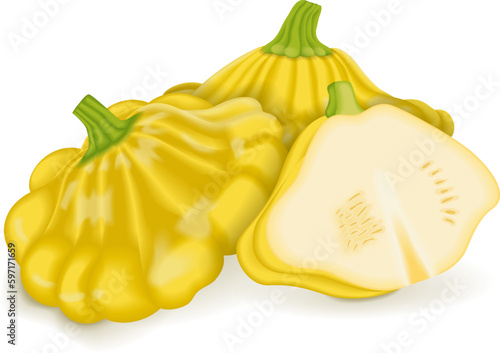 Whole and half of Yellow Patty Pan squash or Scallop or Scallopini squash. Summer squash. Cucurbita pepo. Fruits and vegetables. Vector illustration isolated on white background.