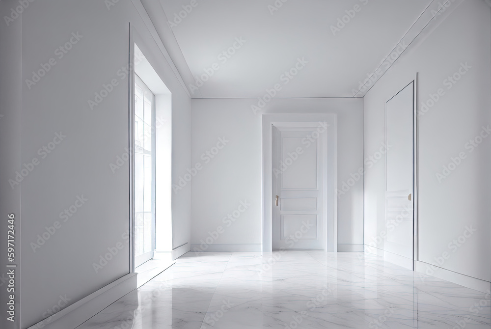 Blank white interior room background, empty white walls with doors and big window and white marble floor contemporary, 3D Generative AI image Blank white interior room background, empty white walls with doors and big window and white marble floor contemporary, 3D Generative AI image