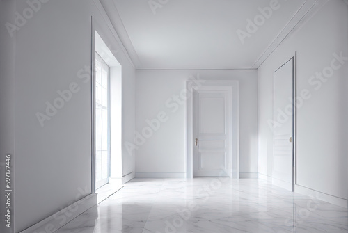 Blank white interior room background  empty white walls with doors and big window and white marble floor contemporary  3D Generative AI image