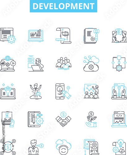 Development vector line icons set. Growth, Improvement, Expansion, Advancement, Proliferation, Progression, Enhancements illustration outline concept symbols and signs