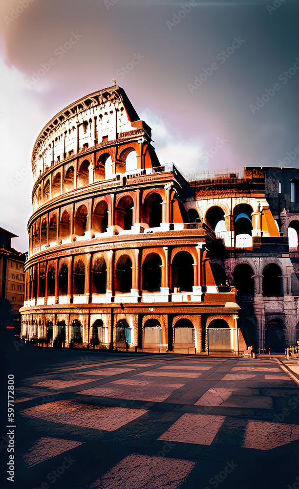 Colosseum and ancient Roman buildings - Created with Generative AI Technology