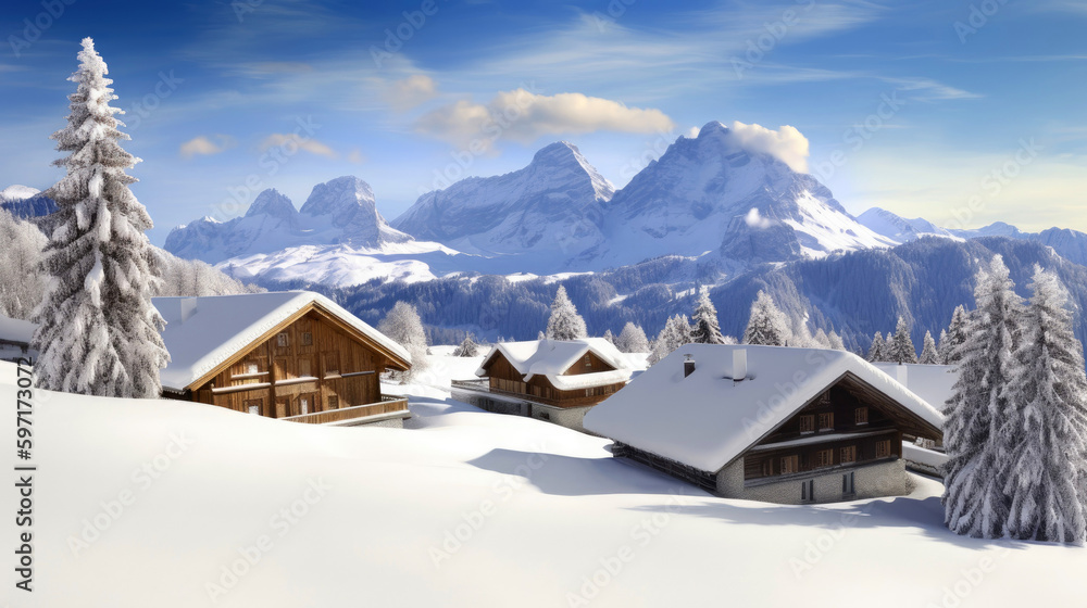 Snow-covered landscape with chalet houses. Generative AI Snow-covered landscape with chalet houses. Generative AI