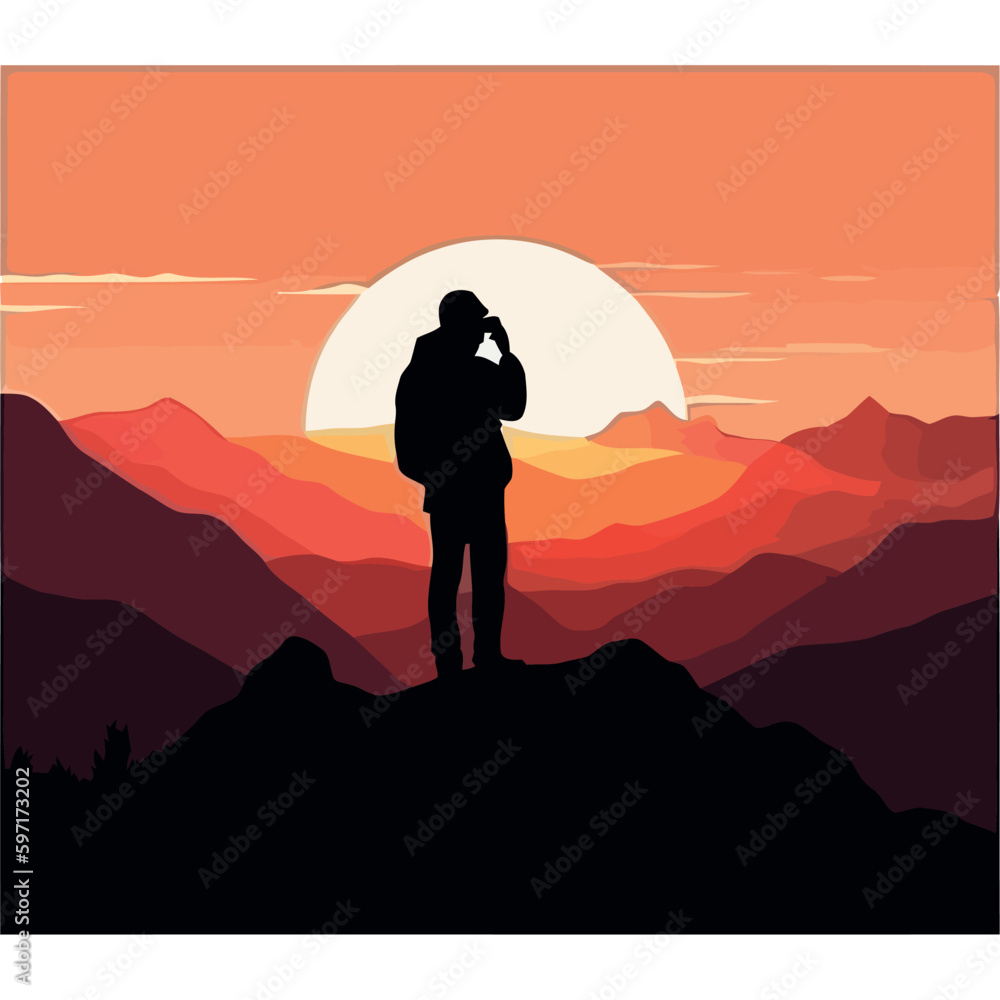 Standing man silhouette on mountain peak at sunrise