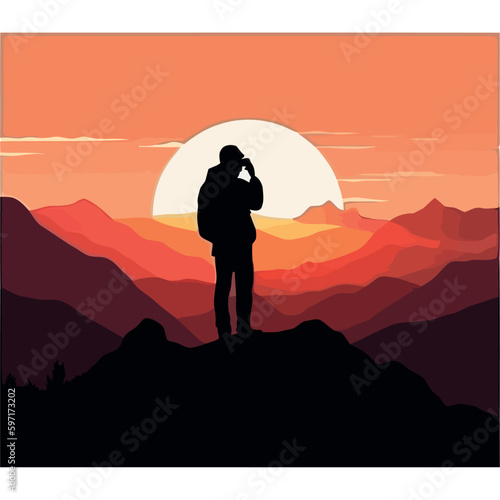 Standing man silhouette on mountain peak at sunrise