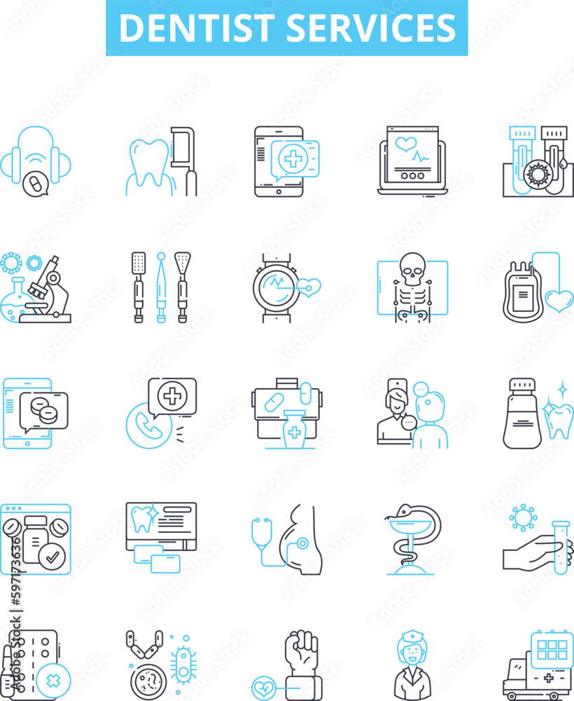 Dentist services vector line icons set. Dentist, Services, Teeth, Cleaning, Fillings, Extractions, Orthodontics illustration outline concept symbols and signs Dentist services vector line icons set. Dentist, Services, Teeth, Cleaning, Fillings, Extractions, Orthodontics illustration outline concept symbols and signs