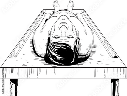 Comics style drawing or illustration of a dead body of a man on an autopsy table in the forensic pathology viewed from high angle on isolated background done in black and white retro style.