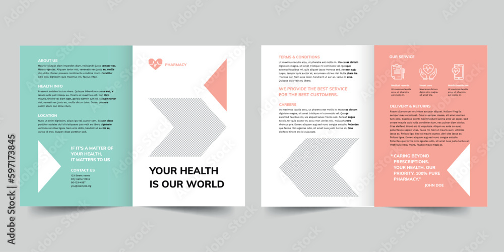 Pharmacy bifold brochure template. A clean, modern, and high-quality design bifold brochure vector design. Editable and customize template brochure Pharmacy bifold brochure template. A clean, modern, and high-quality design bifold brochure vector design. Editable and customize template brochure