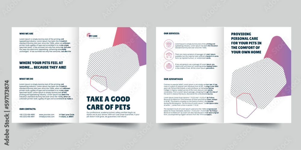Pet Grooming Care bifold brochure template. A clean, modern, and high-quality design bifold brochure vector design. Editable and customize template brochure