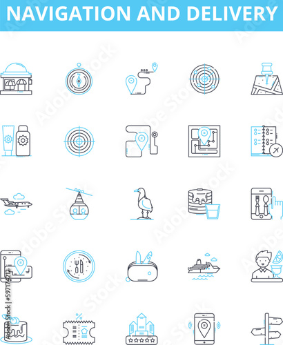 Navigation and delivery vector line icons set. Navigation, Delivery, Tracking, Fleet, Logistics, Route, Mapping illustration outline concept symbols and signs
