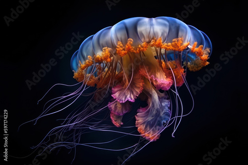 Underwater photography of a beautiful jelly fish, created with Generative AI technology © Artem