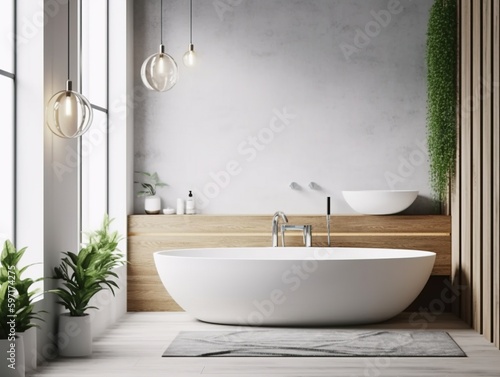 Interior mockup. Bathtub, bathroom. Generative AI