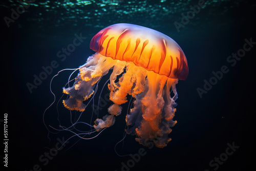 Underwater photography of a beautiful jelly fish, created with Generative AI technology © Artem