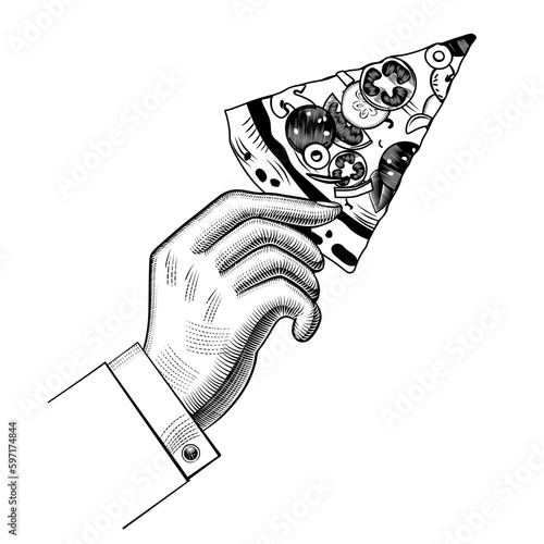 A man's hand with a slice of pizza. Conceptual design of the menu of an Italian restaurant. An old engraving with a stylized linear pattern. Vector illustration.