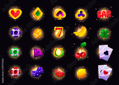 Casino slot game icons on background, RPG UI winner badge kit, casino slot gambling machine objects. Vegas shiny UI design elements, lemon, strawberry, bar