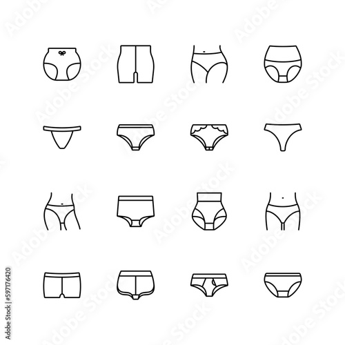 Panties icons set. Introduced pantaloons, classic, drawstrings, tanga, lace, string thongs, high waist, shorts, hipster, seamless, daring.