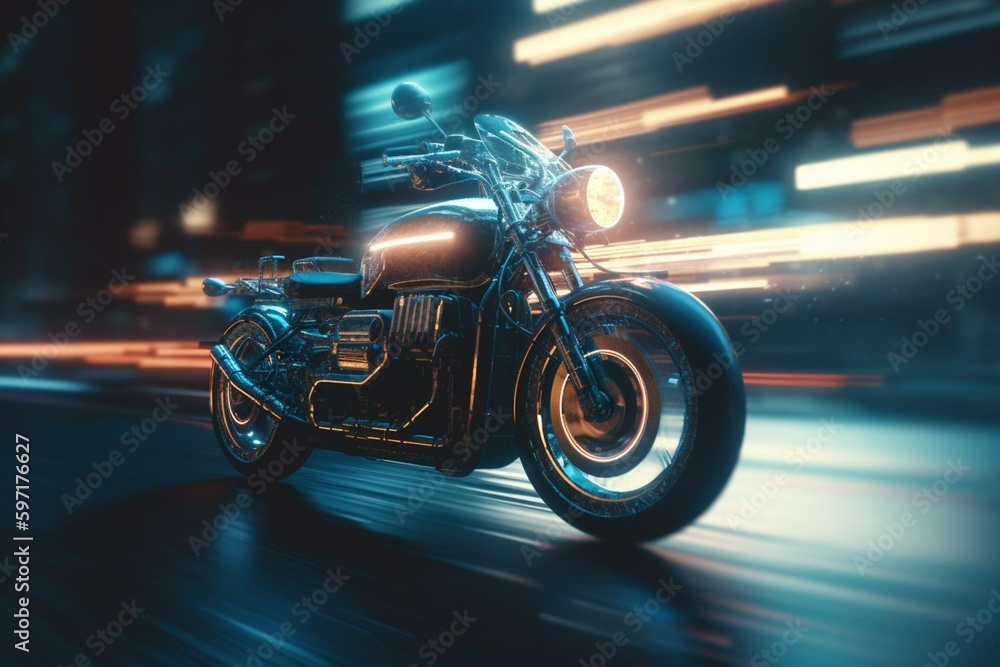 Driverless retro-futuristic 80's style motorcycle speeding with blurred motion and light trails. Generative AI