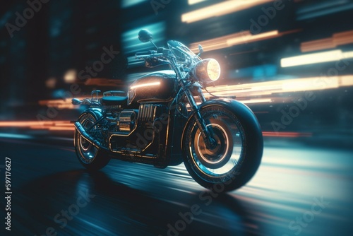 Driverless retro-futuristic 80 s style motorcycle speeding with blurred motion and light trails. Generative AI