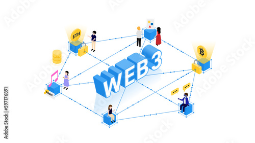 WEB 3をアイソメトリック図法で描いたインフォグラフィックイラスト