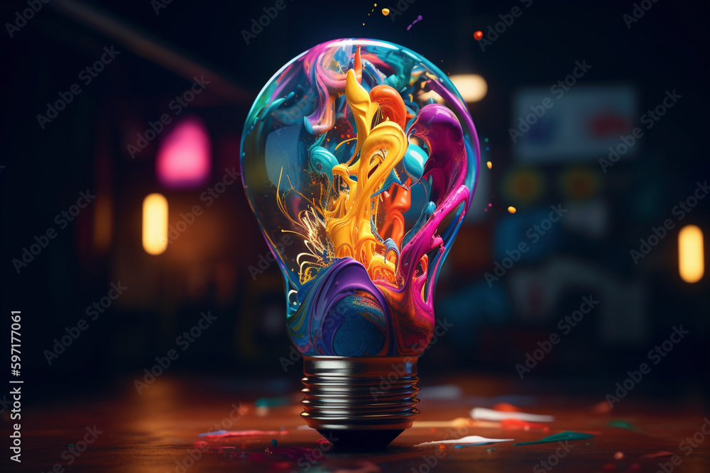 創造的アイデア思考を視覚化したブレーンストーミング-カラフル3D電球ランプ,Generative AI - obrazy, fototapety, plakaty 