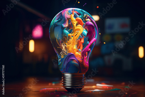 創造的アイデア思考を視覚化したブレーンストーミング-カラフル3D電球ランプ,Generative AI photo