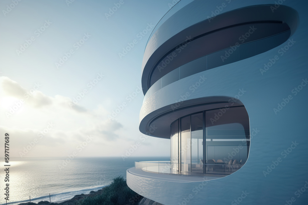 Fototapeta premium Modern architecture house with wavy smooth walls on beach by sea. Side view, building exterior. Generative AI