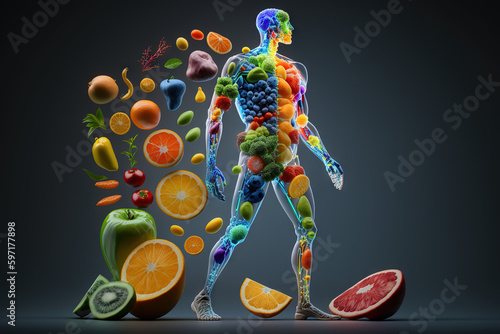 Foto Fruits and vegetables forming a human body, metabolism, nutrition, eating diet, fitness, health, vitamins, digestion, supplements, health care, healthy lifestyle, healthy food