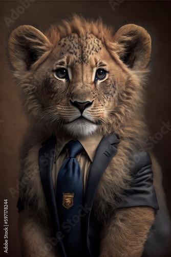 Portrait of a baby lion in a business suit. Generative AI