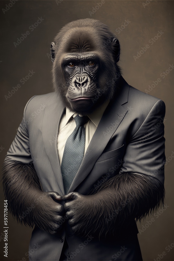 Portrait of baby gorilla in a business suit. Generative AI Portrait of baby gorilla in a business suit. Generative AI