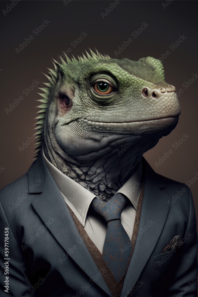 Portrait of baby iguana in a business suit. Generative AI