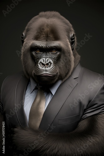Portrait of baby gorilla in a business suit. Generative AI