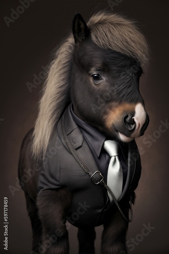 Portrait of baby horse in a business suit. Generative AI