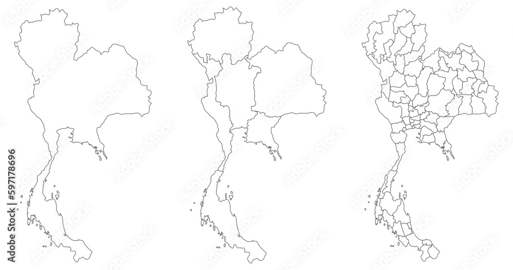 Thailand map set white-black outline with the administration of regions and provinces map