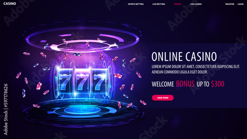 Online casino, web banner with offer, button and Neon Casino slot machine with jackpot, poker chips and hologram of digital rings in dark empty scene