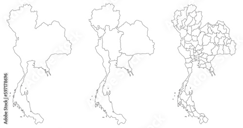 Thailand map set white-black outline with the administration of regions and provinces map