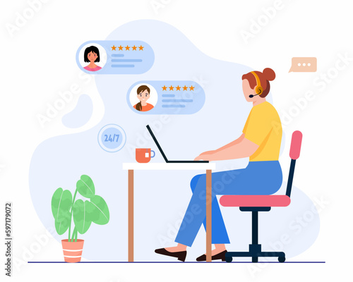 Support call center Woman with headset is sitting at her computer and talking with client concept of Customer support help service.