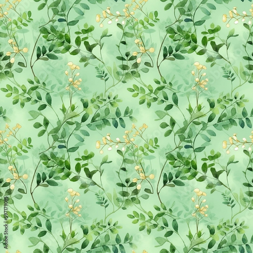 Moringa watercolor seamless pattern. Organic healthy food. Moringa leaves, plant. Generative AI