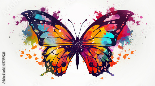 Colorful butterfly painted with watercolor splashes illustration. Generative A © Slava