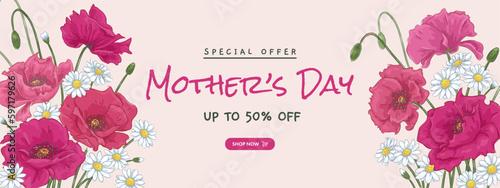 Mother's day horizontal sale poster or banner with hand drawn pink poppies and daises on pink background. Vector illustration