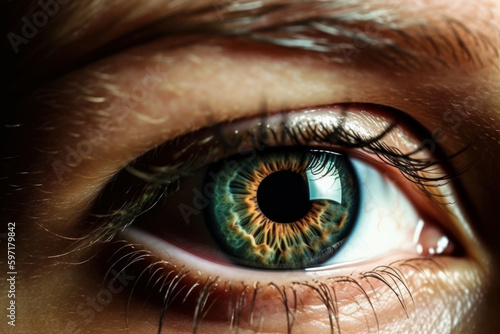 Close-up of a stunning blue eye with captivating expression. Macro view of the pupil and iris with focus on the gorgeous lashes. Perfect for mood and emotion photography. AI Generative.