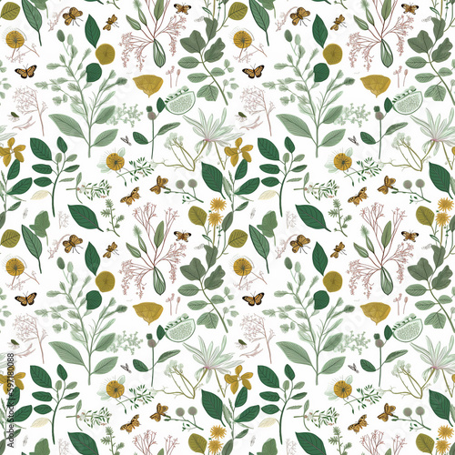Watercolor botanical seamless pattern with wildflowers and butterflies. background. Generative AI
