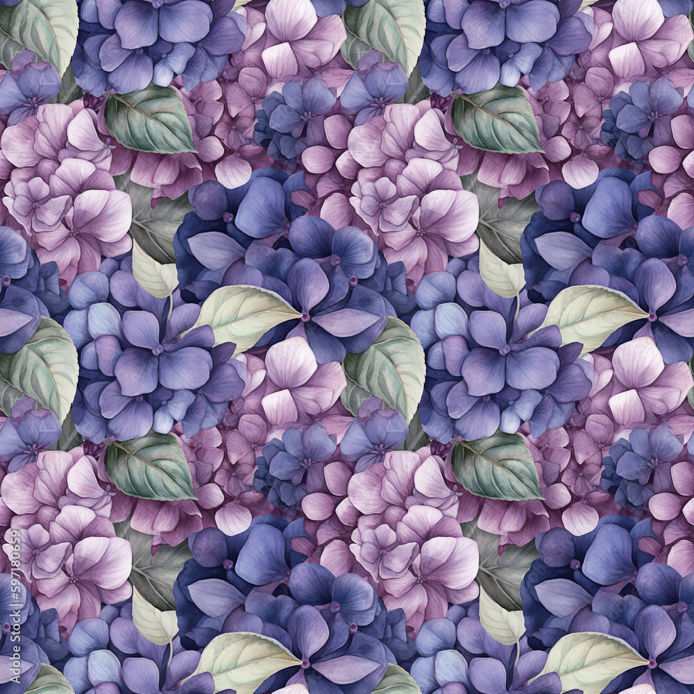 Watercolor botanical seamless pattern with purple hydrangeas. Delicate floral background. Generative AI Watercolor botanical seamless pattern with purple hydrangeas. Delicate floral background. Generative AI