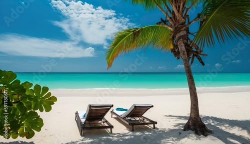 A Stunning Beach with White Sand, Sun Loungers, and Turquoise Ocean against a Blue Sky with Clouds. Framed by Palm Leaves and Flowers, generative Ai © Aleksandr