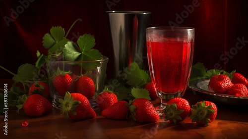 A glass of strawberry juice, sliced strawberries, and scattered strawberry leaves