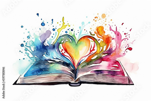 Open book with watercolor splashes and heart illustration. Generative A