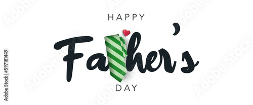 Happy Father's Day background with green tie, pink cute heart and calligraphic lettering. Vector illustration for banner, poster, sale, promo, discount, website social media, flyer, brochure, event