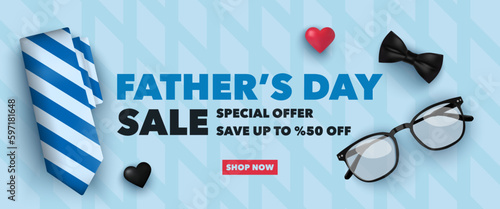 Father's Day sale banner with blue tie, glasses, bow tie, black and pink heart at blue background. Vector illustration for poster, sale, promo, discount, website social media, flyer, brochure, event