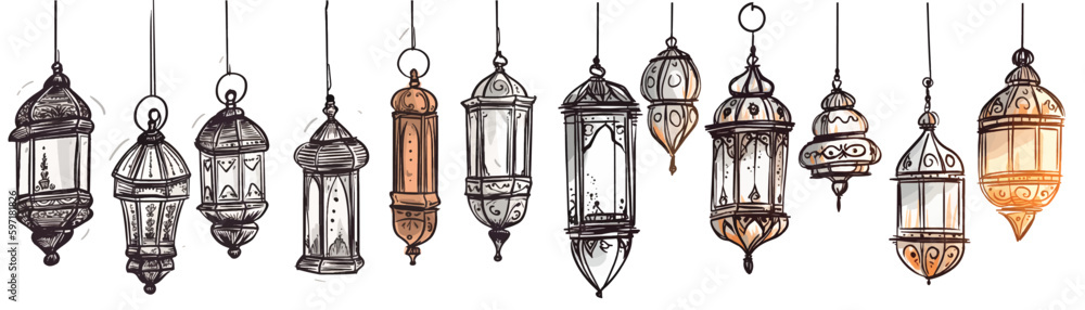 Hand Drawn Sketch of Traditional Lanterns Decoration Hanging on Celing Antique in Set of Vector Hand Drawn Sketch of Traditional Lanterns Decoration Hanging on Celing Antique in Set of Vector